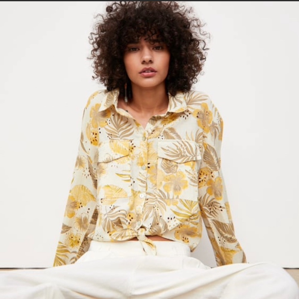 Zara tropical floral print eyelet shirt size XS tie up front top